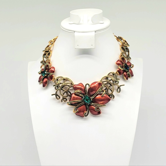 Oscar de la Renta Red Enamel Emerald Swarovski Crystal Flower Statement Necklace - Picture 10 of 13